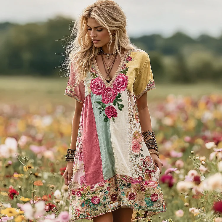 Women's Vintage Rose Floral Patch Linen Short Dress