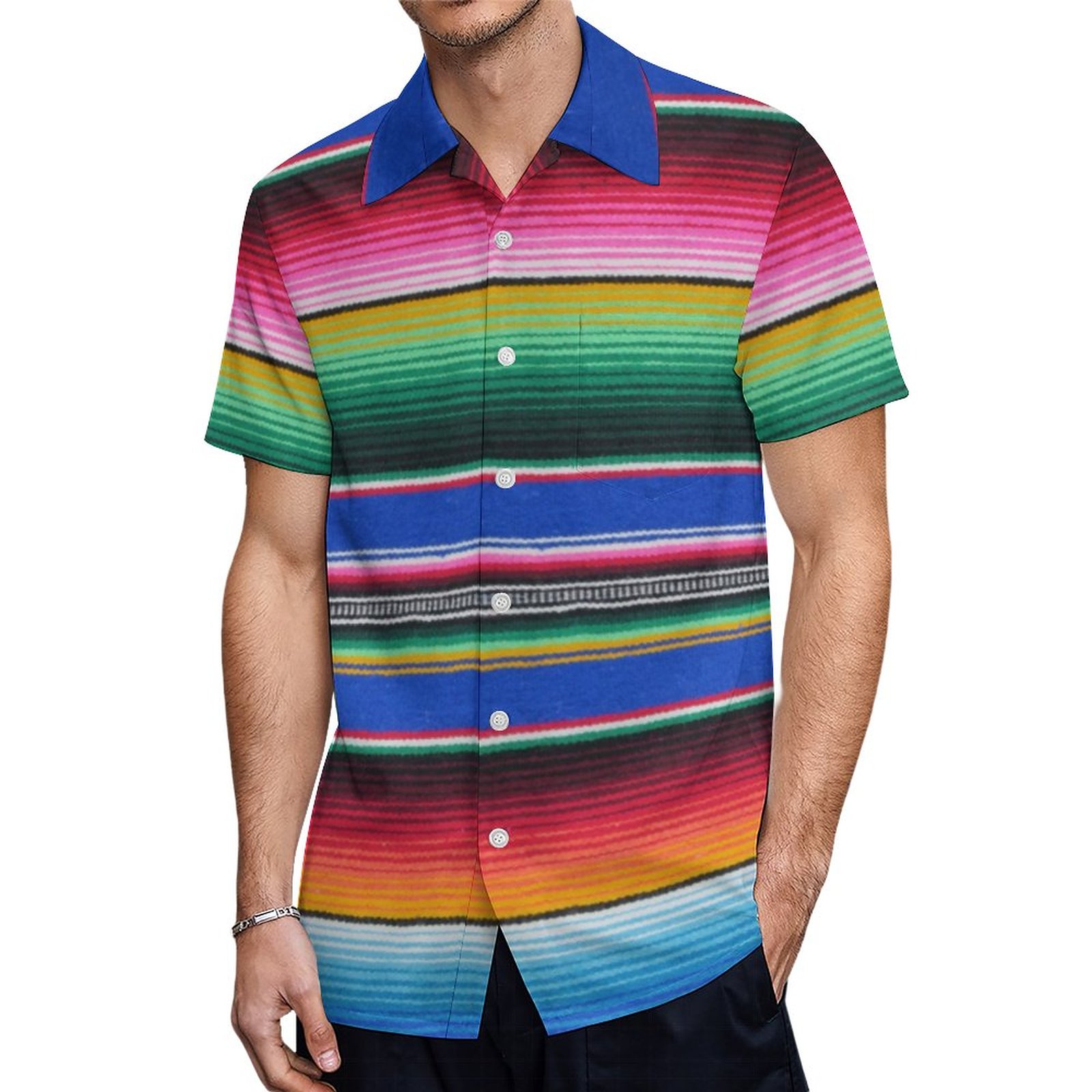 Serape Pattern Bold Lapis Blue Stripe Hawaiian Shirt Mens Button Down Plus Size Tropical Hawaii Beach Shirts