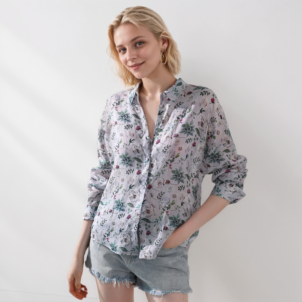 Ramie Printed Shirt Retro Polo Collar Loose Blue REAL SILK LIFE