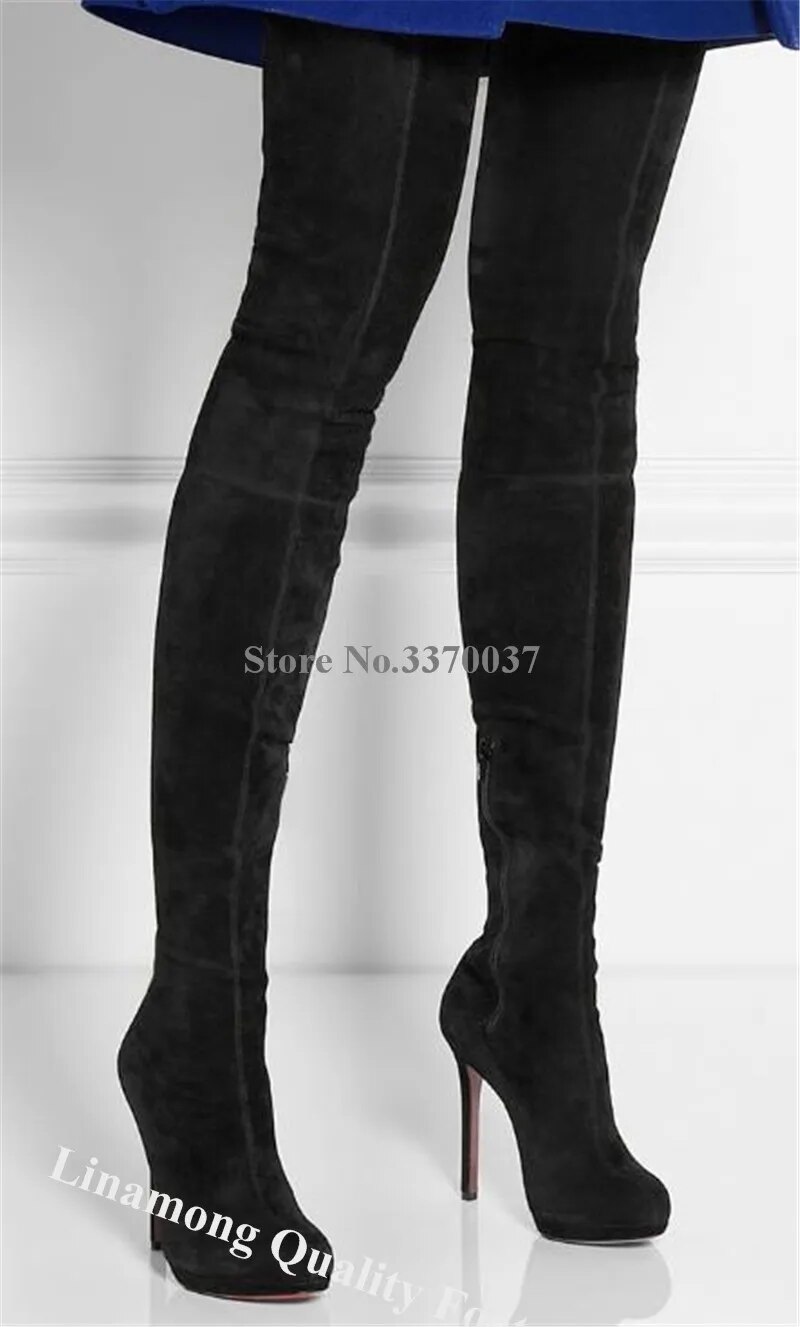 VCSHOES Round Toe Suede Leather Stiletto Heel Over Knee Boots Slim Black Bandage Thigh High Long Boots Dress Shoes