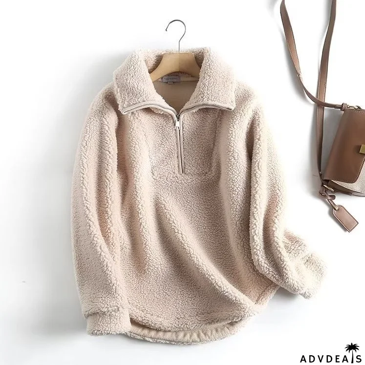 Women's Loose-Fit Casual Sweatshirt Coat with Zipper Collar and Lamb Wool Fabric