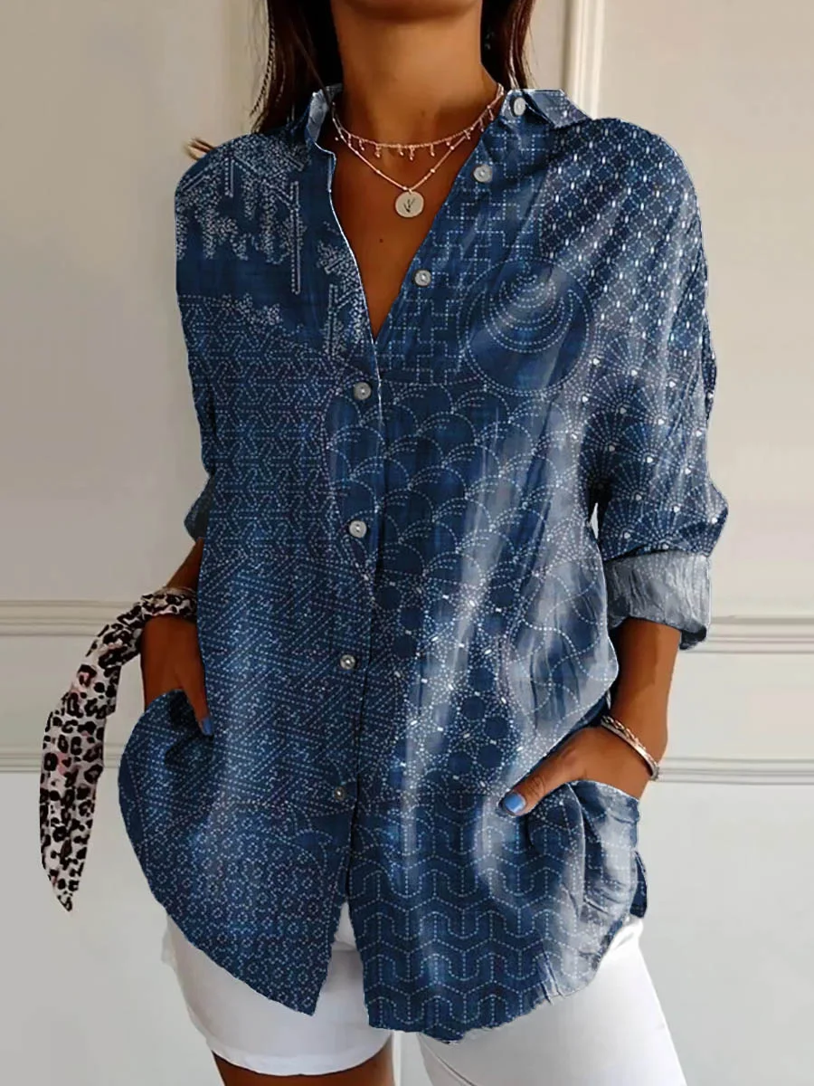 Women's Vintage Geometric Pattern Art Print Casual Cotton Shirt