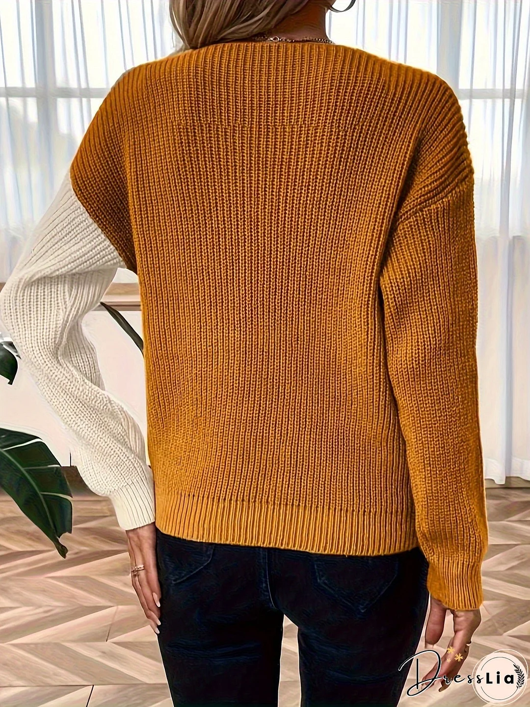 Color Block V Neck Pullover Sweater, Casual Button Long Sleeve Drop Shoulder Sweater, Women's Clothing