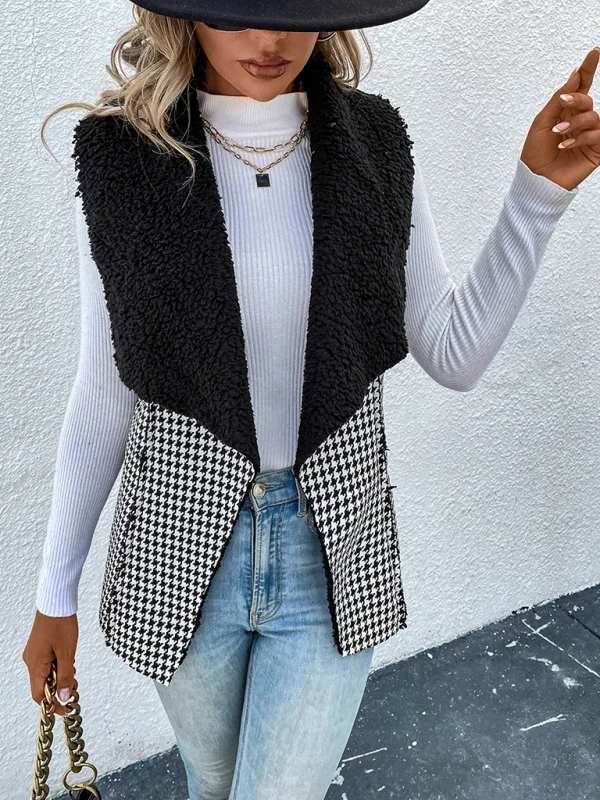 Woman'S Autumn And Winter Temperament Imitation Lamb Wool Stitching Houndstooth Coat Vest Flusfy