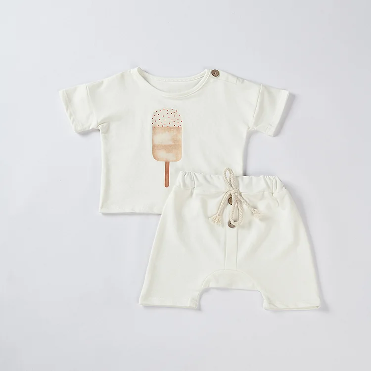 Baby Boy/Girl Summer Ice-cream and Sun Print Graphic T-shirt and Casual Shorts Set