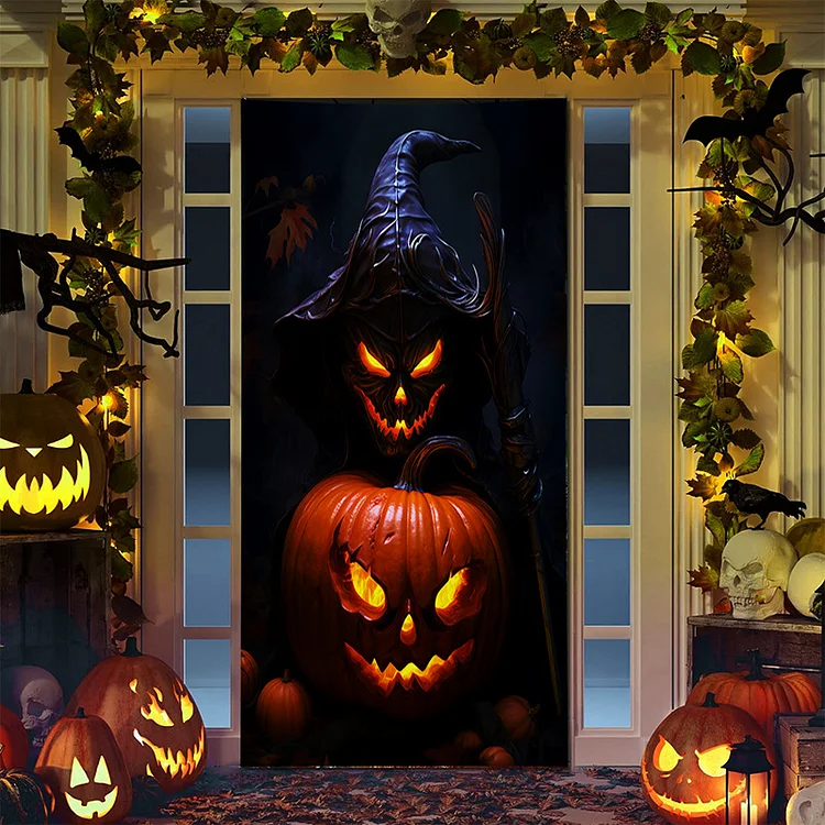 🎃Halloween Tür Abdeckung Tür Aufkleber Dekoration Horror Halloween Tür Abdeckung Kürbis Kopf Vogelscheuche Hängen Tür Tuch