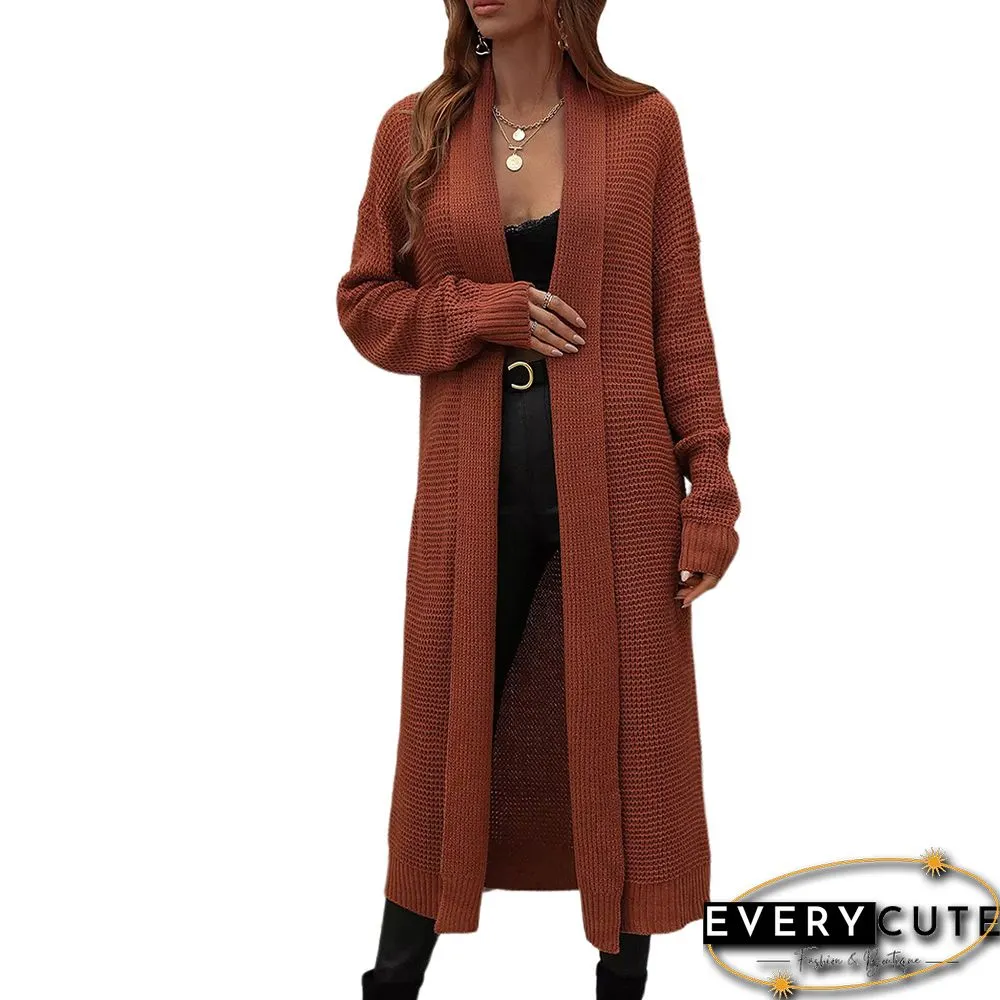 Rust Red Knit Pocket Open Front Long Cardigan