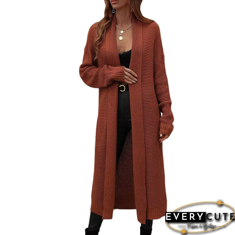 Rust Red Knit Pocket Open Front Long Cardigan