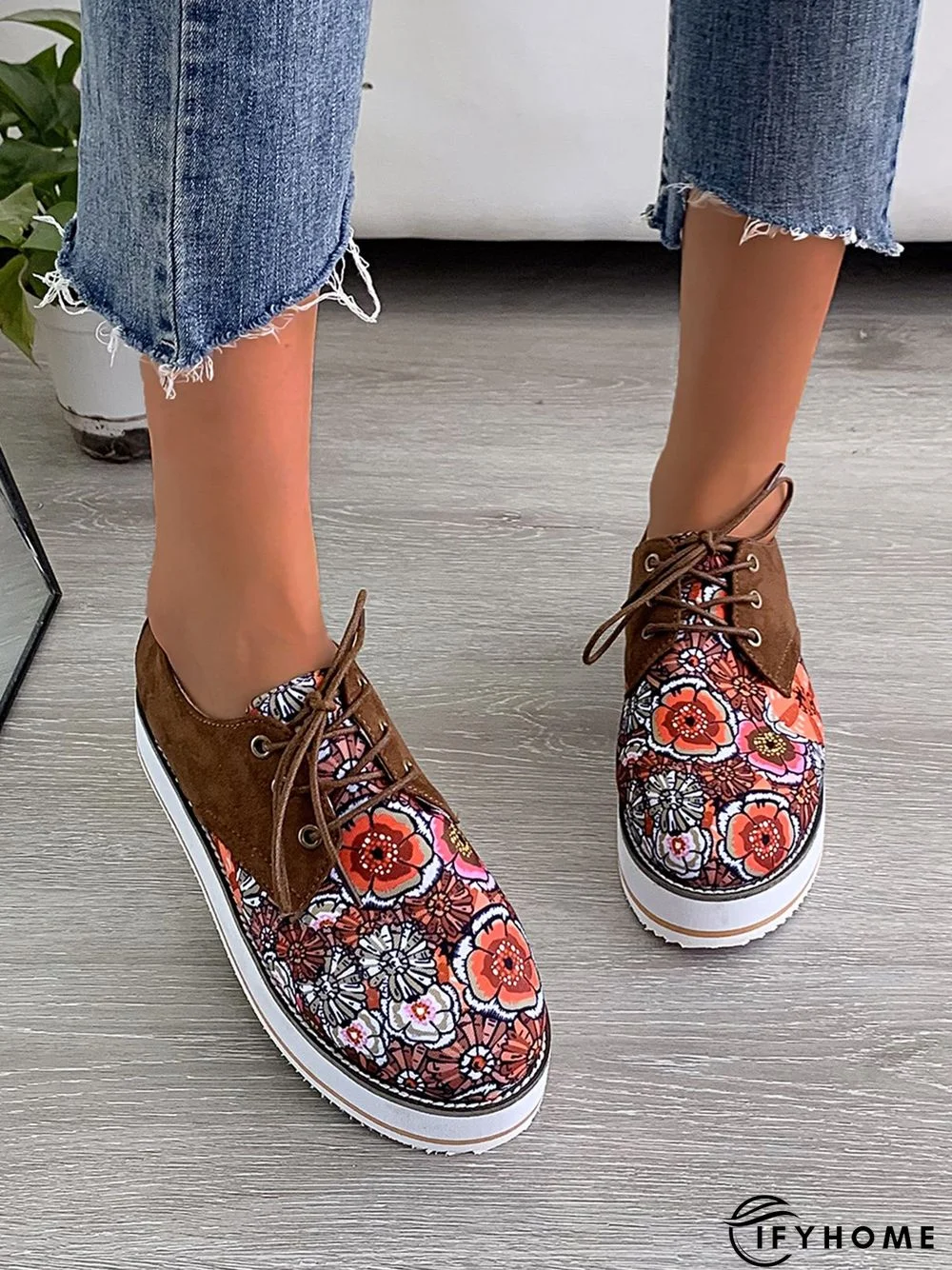Floral Printed Patchwork Lace Up Shoes | IFYHOME
