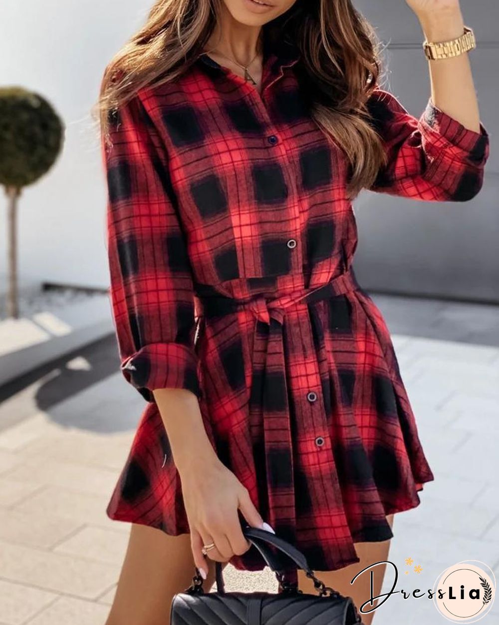 Plaid Colorblock Long Sleeve Shirt Dress P13915