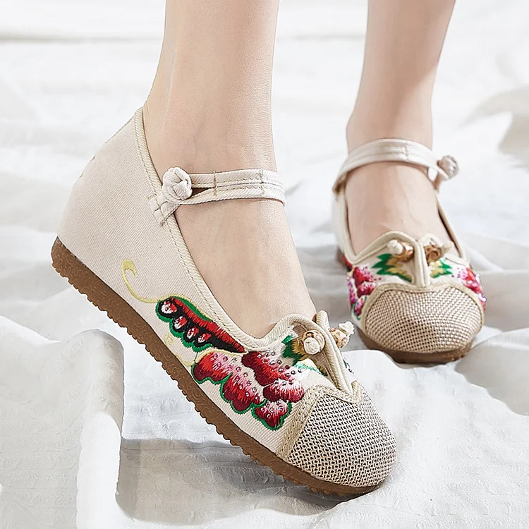 Wongn Wongn Not Include Shoe Box Single Shoes Inside The High Height Female Slope Heel High Heels Canvas Embroidered Cloth Shoes Women's Shoes Ethnic Flowers Build Buckle Shoes