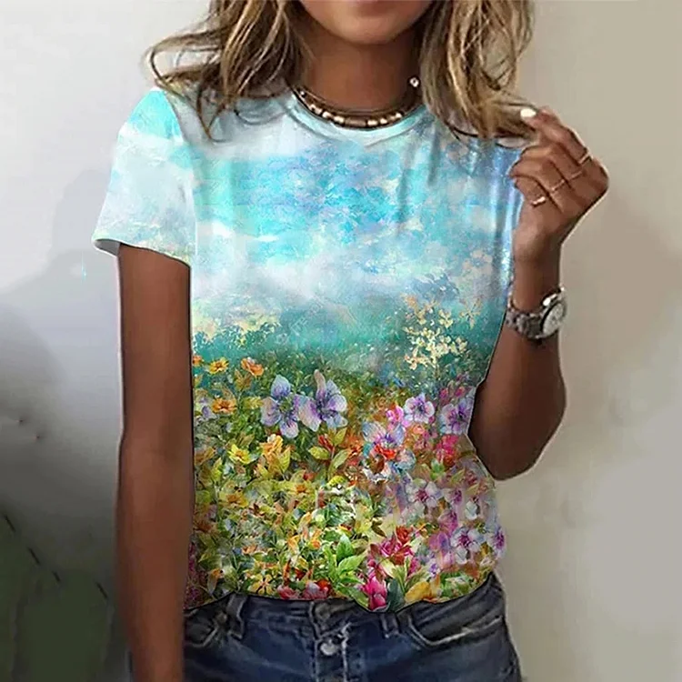 Floral Print Round Neck Casual T-Shirt