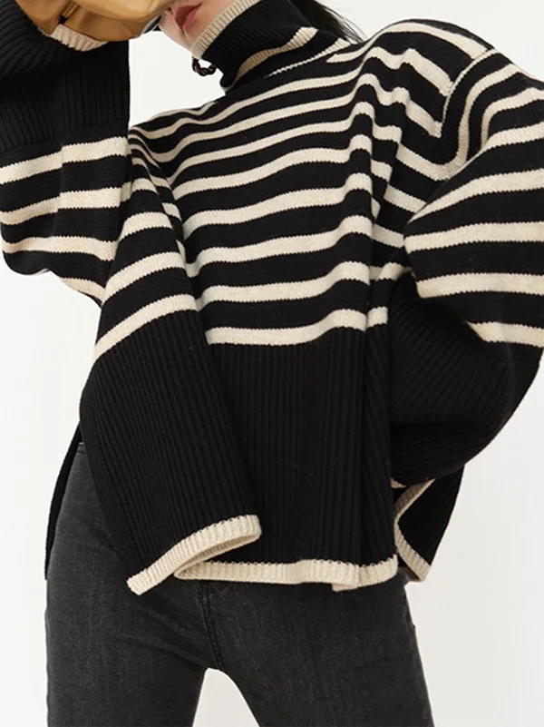 Long Sleeves Loose Contrast Color Split-Joint Split-Side Striped High Neck Sweater Tops