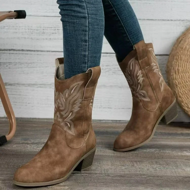 Breakj Breakj Women's Embroidery Sleeves Vintage Boots Vintage Mid-Cute Head Western Cowboy Boots For Fall/Winter 2025