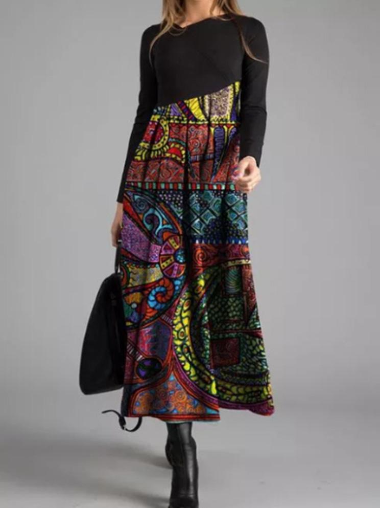 Women's Printed V-neck Long Sleeve Maxi Dress
