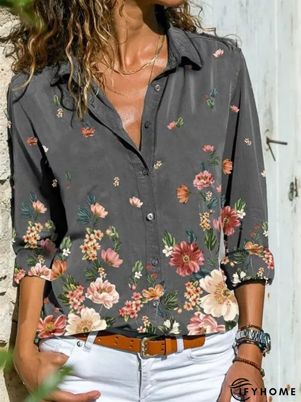 Gray Shawl Collar Long Sleeve Printed Blouse | IFYHOME