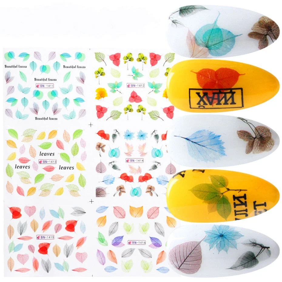Nail Stickers Water Transfer Colorful Clear Leafs Designs 6Pcs/Set Nail Decal Decoration Tips For Beauty Salons-Nail Inspo