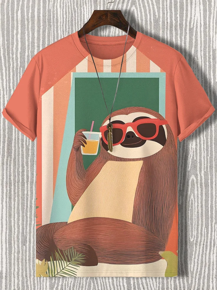 Men's Lazy Sloth Seaside Vacation Art Print T-Shirt