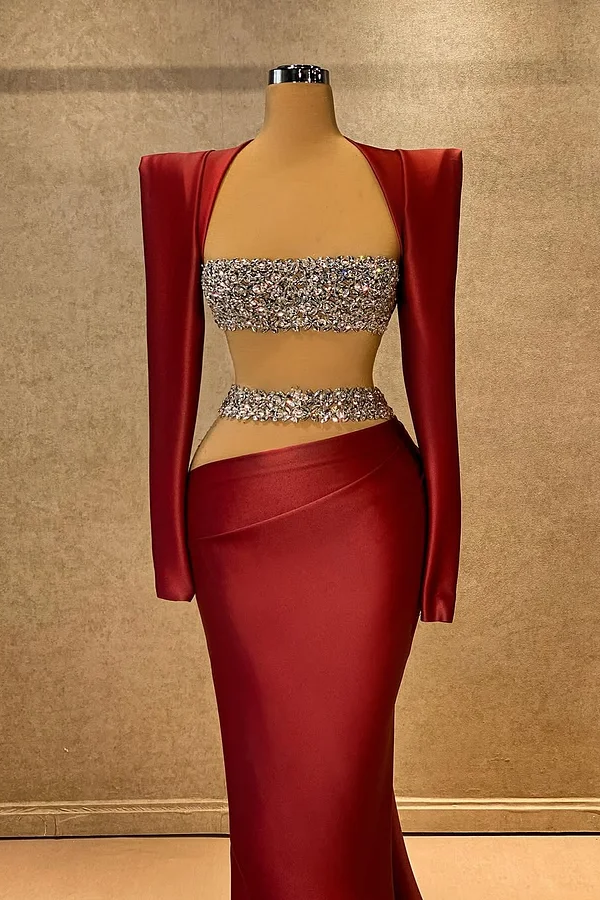Daisda Red Gorgeous Long Sleeves Square Beads Mermaid Prom Dress