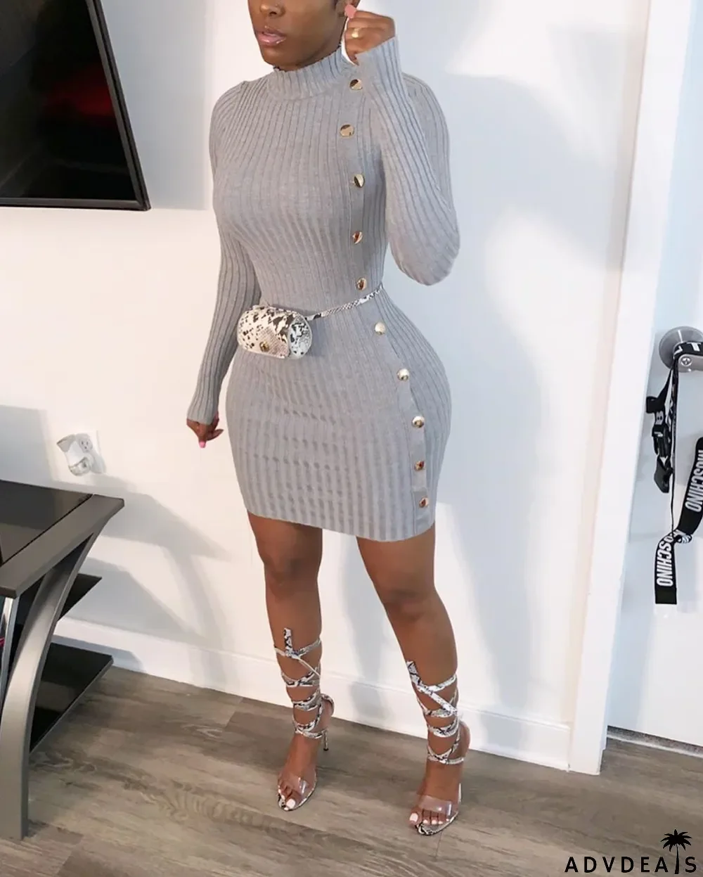 Solid Long Sleeves High Collar Slim Mini Dress