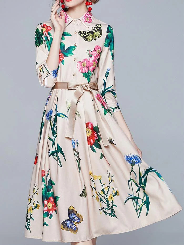 Fashion Butterfly Print Lace-up Pleated Dress