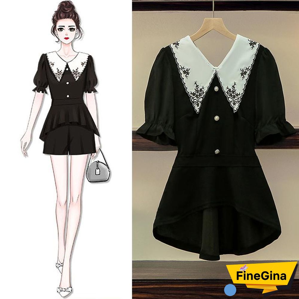 Embroidery Lapel Tee+Wild Shorts P11424