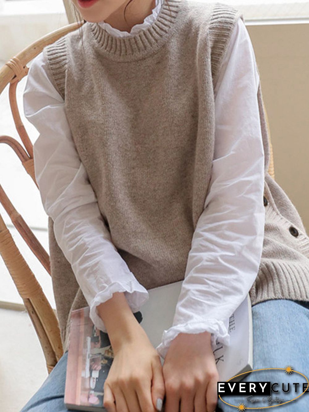 Simple Sleeveless Loose Buttoned Solid Color Round-Neck Sweater Vest Outerwear