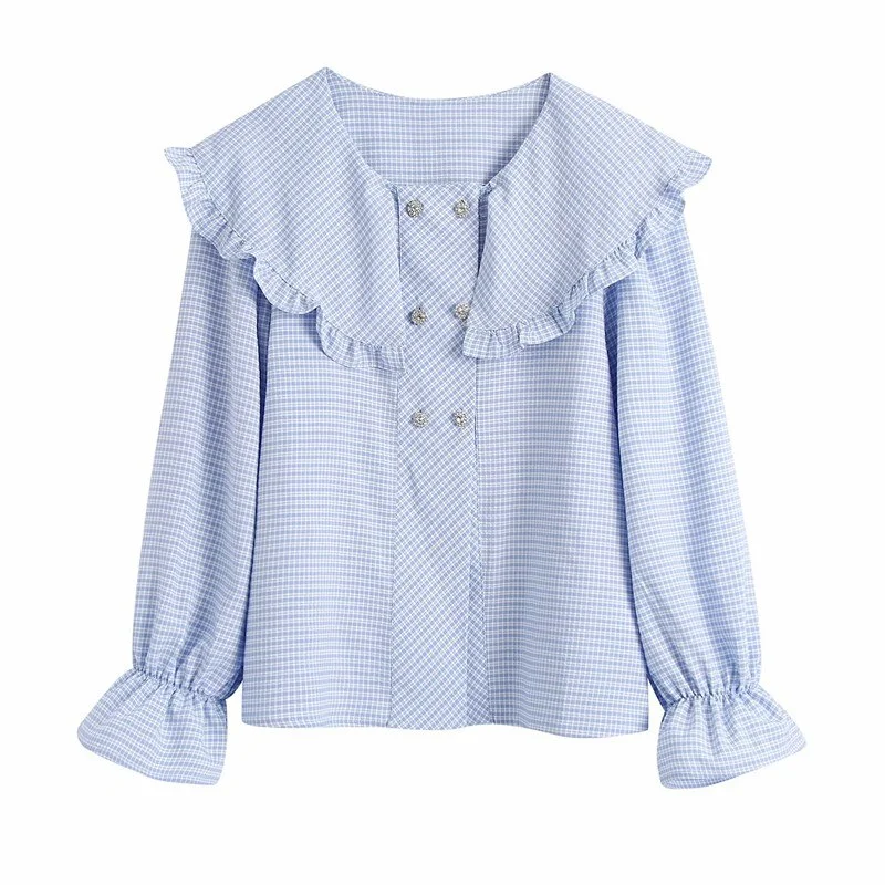 Za 2021 Checked Jewel Button Shirt Woman Long Puff Sleeve Plaid Blue Blouse Female Chic Ruffle Hem Casual Autumn Shirts