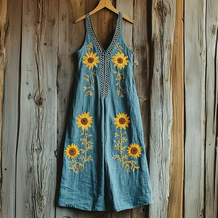 Utbros Women's Sunflower Embroidered Linen Blend Jumpsuit