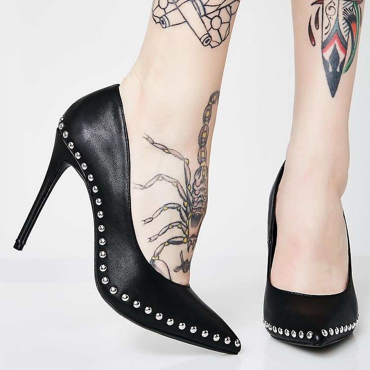Black Studs Stiletto Heels Pointy Toe Office Shoes for Women |FSJ Shoes