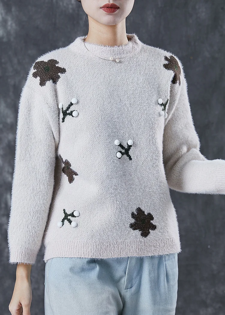 Handmade Khaki Fuzzy Ball Decorated Warm Knit Pullover Winter
