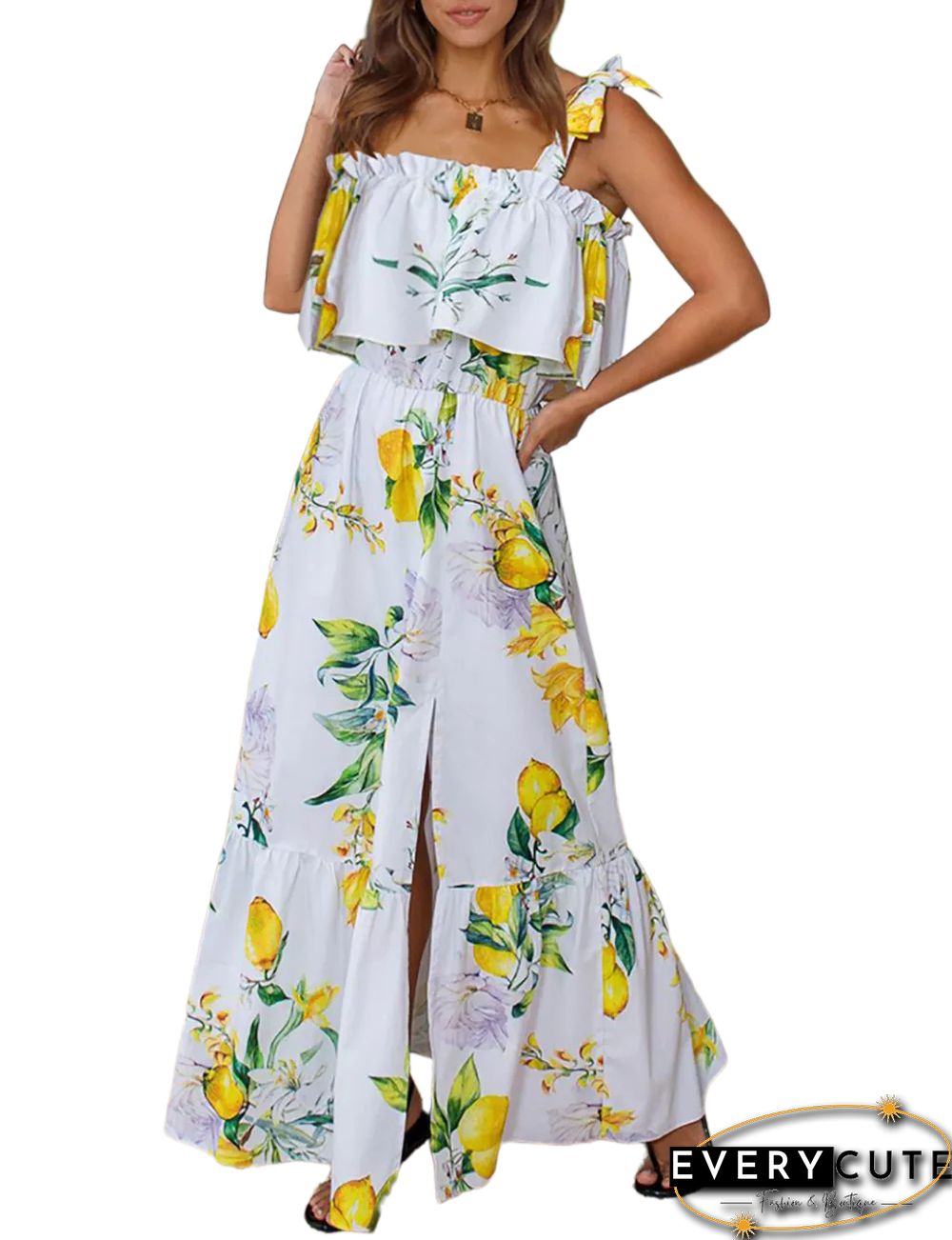 White Floral Print Ruffled Split Maxi Dress