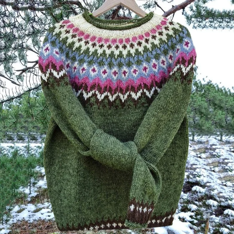 Vintage Icelandic Green Knit Jacquard Warmth Crew Neck Sweater(Unisex)