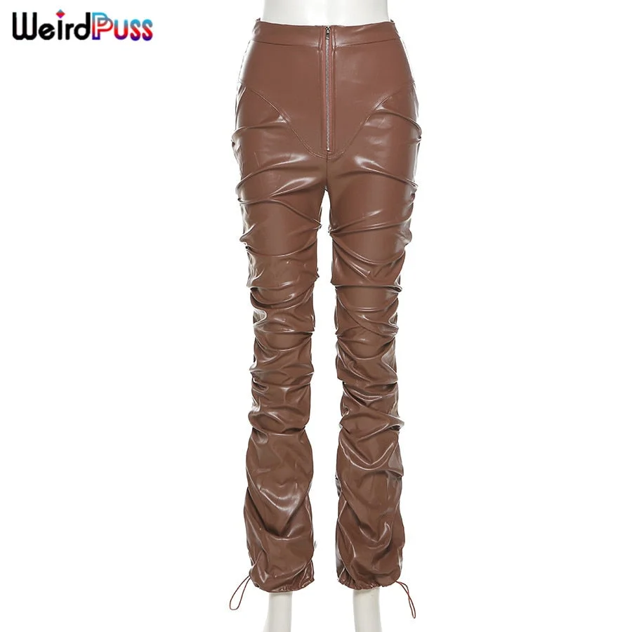 Weird Puss Faux Leather Pants Cyber Y2K Vintage Stacked Zipper Side Slit Drawstring Pencil Pants Trend Streetwear Slim Outfits