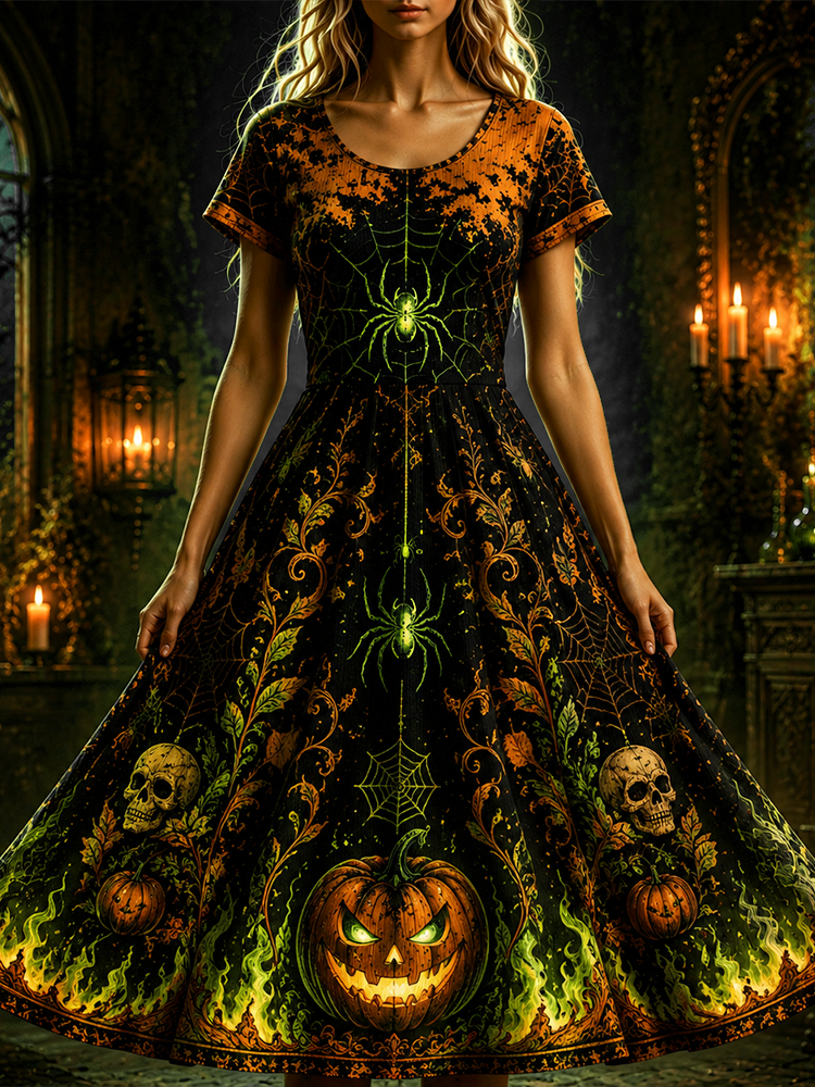 Women's Casual Short-sleeve Maxi Dress - Halloween Jack-o'-lantern, Skulls, Spiders, Webs & Green Flames Print artswardrobe