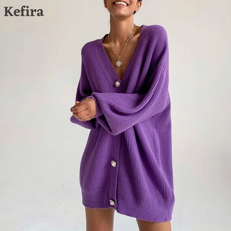 Kefira 2021 V Neck Cardigan For Women Knitted Long Sleeve Sweater Oversize Cardigan Autumn Winter Button Loose Casual Jumper