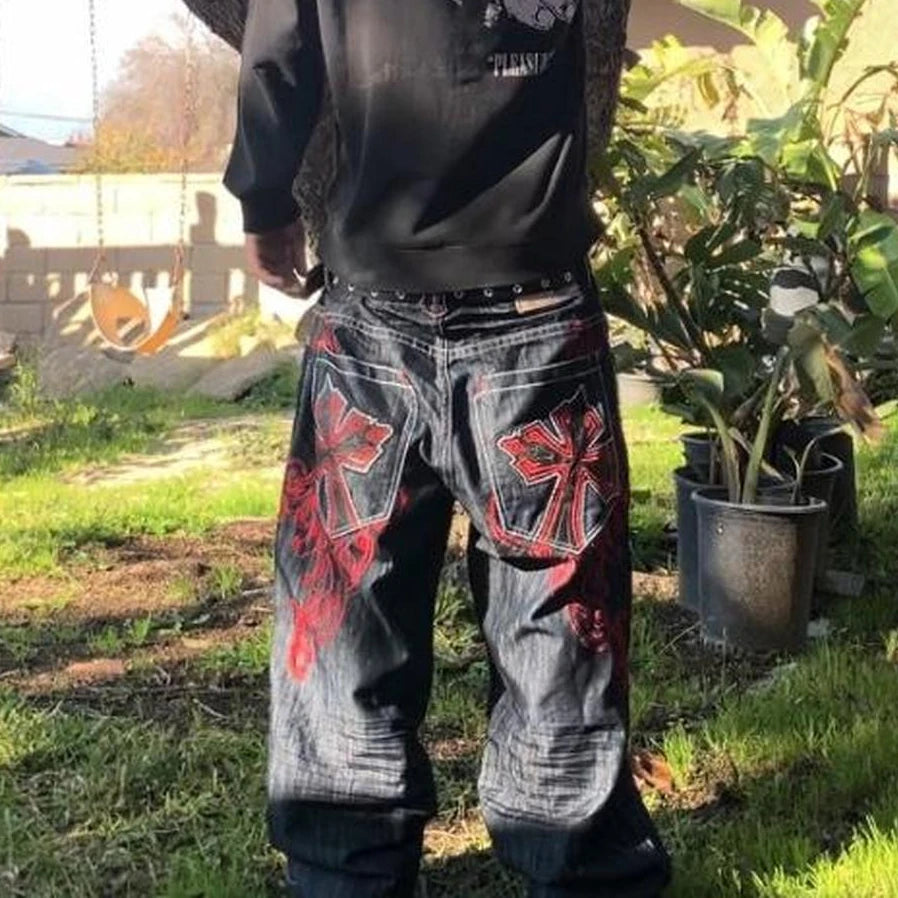Llyge 90s Streetwear Y2K Dark Blue Jeans Gothic Punk Cross Graphic Print Design Denim Trousers New Harajuku Fashion Washed Oversized Jeans Men Women llyge