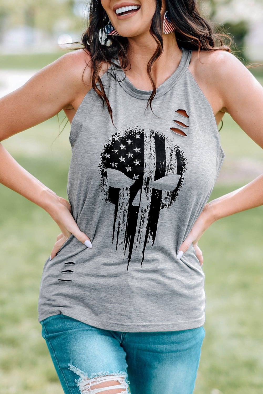 American Flag Skull Skeleton Print Cut Out Graphic Tank Top