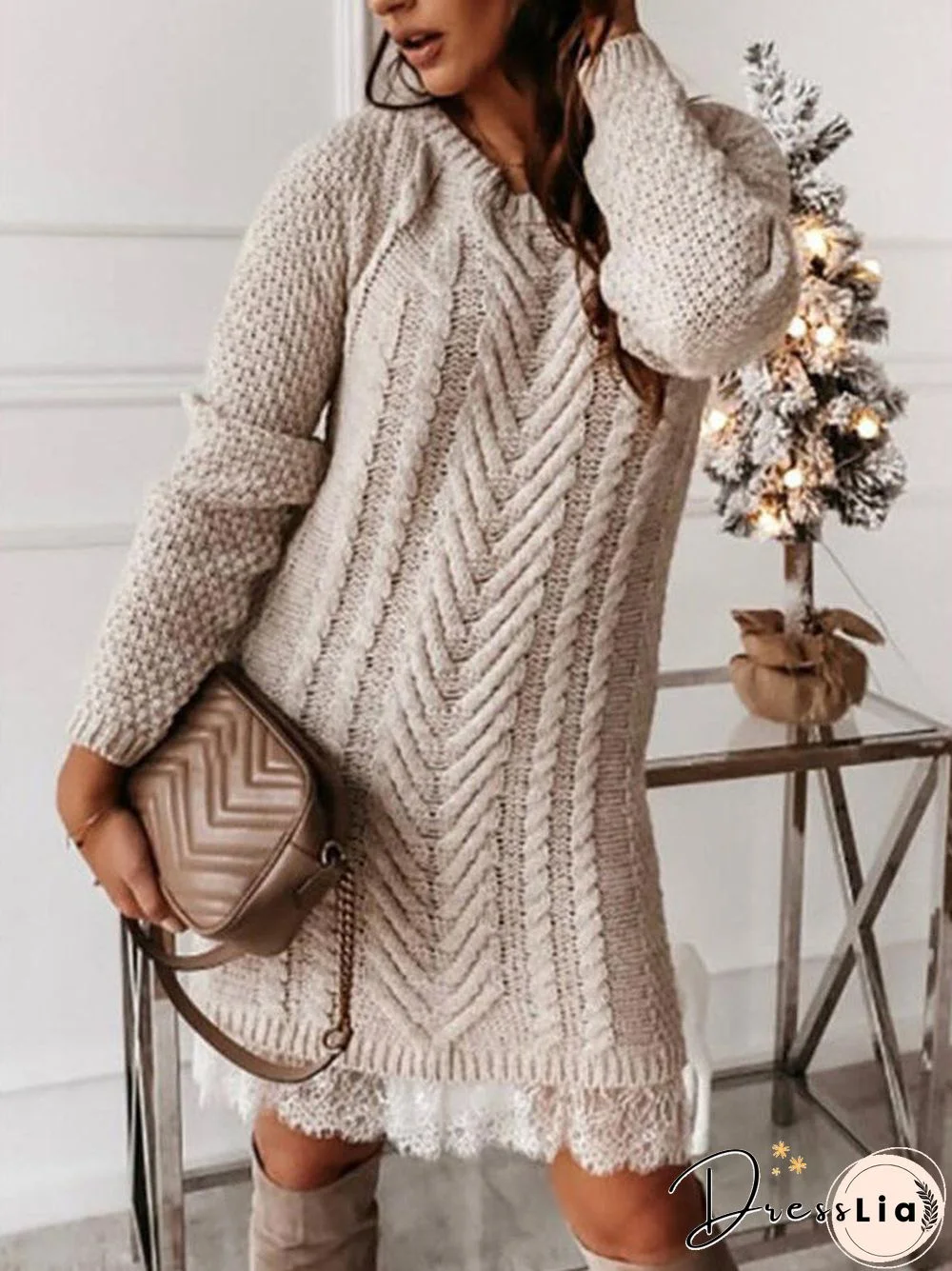 Casual Long Sleeve Round Neck Chain Knit Sweater Dress