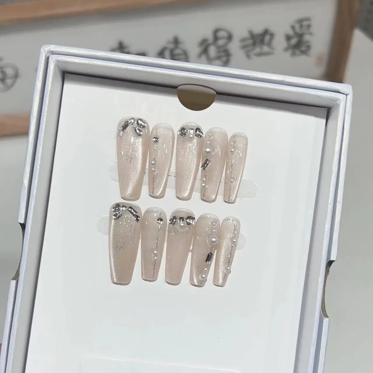 Bonusbuk Full Cover False Nails Press on Nails Fake Nails Diy Pure Handmade Removable Nude Cat's Eye Fine Flash Diamond
