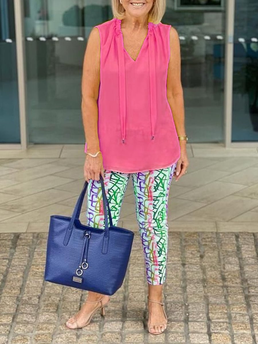 Sleeveless Plain Lace-up Top And Printed Slim Pants Set
