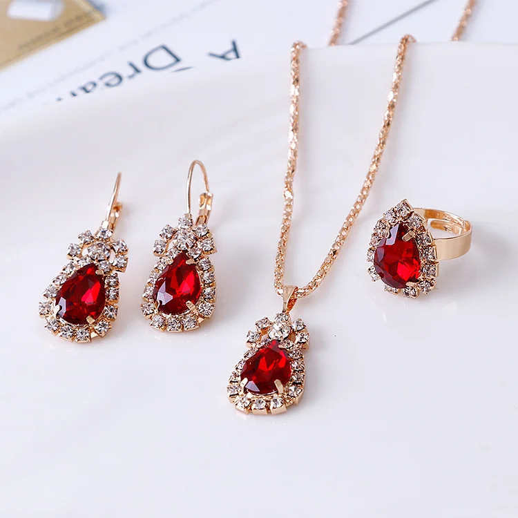 Wedding Red Rhinestones Necklace Earrings Rings Three Piece Set  Flycurvy [product_label]