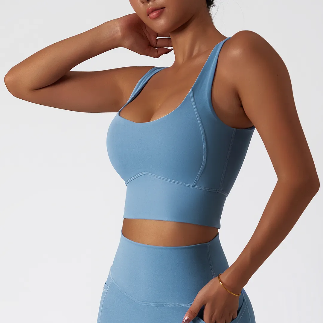 Buy Hergymclothing Light Gray Blue widened hem buttery soft dri-fit comfort breathable lightweight high support workout vest bra with removable pads at an affordable price