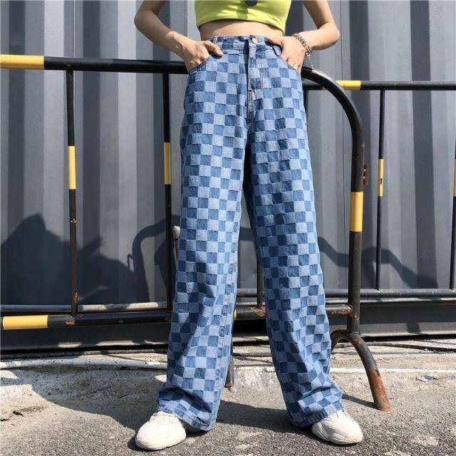 Harajuku Unisex Pants Plaid Pattern Loose Long Women Men Pant Outwear Fashion Blue Jeans Cargo Pants Streetwear Hipster Autumn