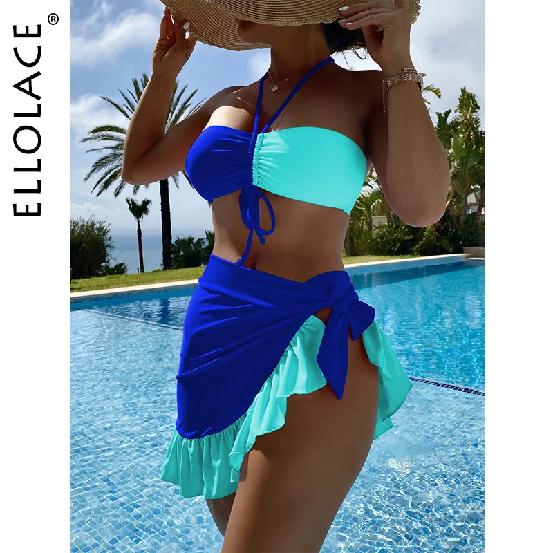 Billionm Contrast Color Bikini Women's Swimsuit With Cover-Ups Halter Bandeau Strapless Swimwear Summer 3-Piece Bathing Suits