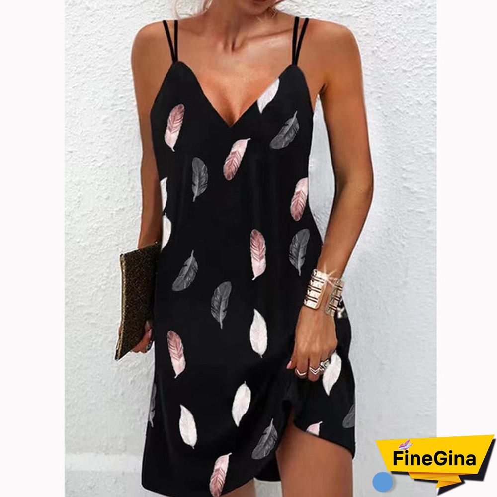 Back To School Outfits   Women Sexy V Neck Printed Dress Summer Fashion Casual Loose Sleeveless Dress Female Beach Party Black Sling Mini Dresses