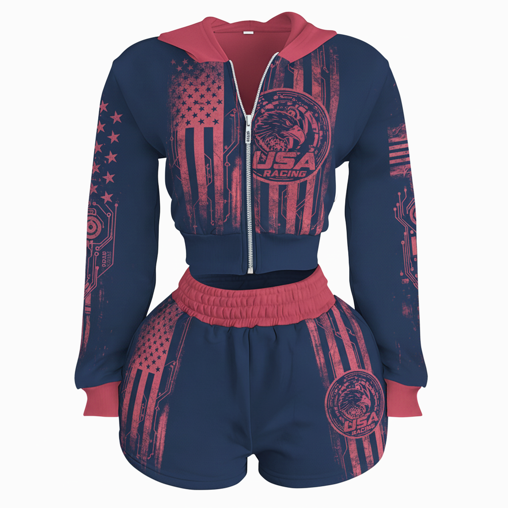 American Retro USA Stars And Stripes Short Hoodie Set - Helixace