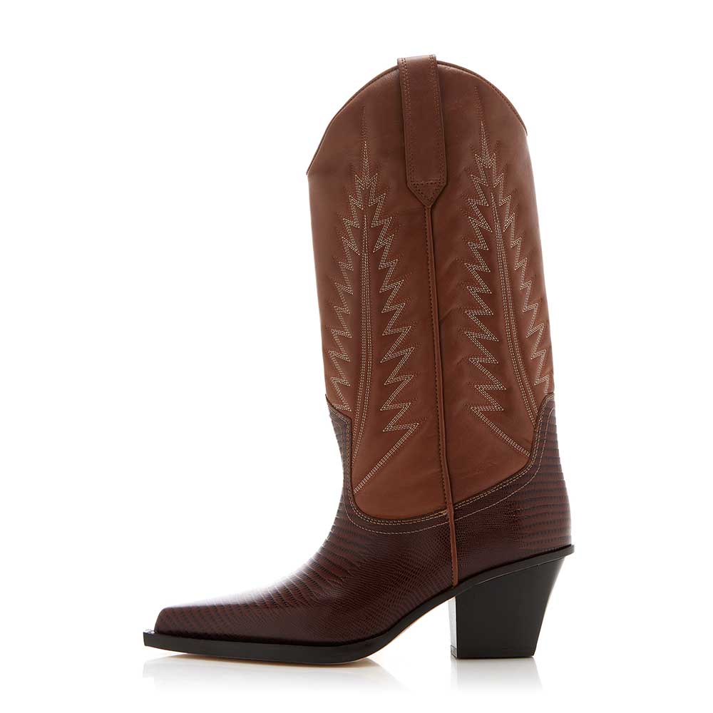 Retro Pointed Toe Croco Embossed Mid-Calf Cowgirl Boots in Brown