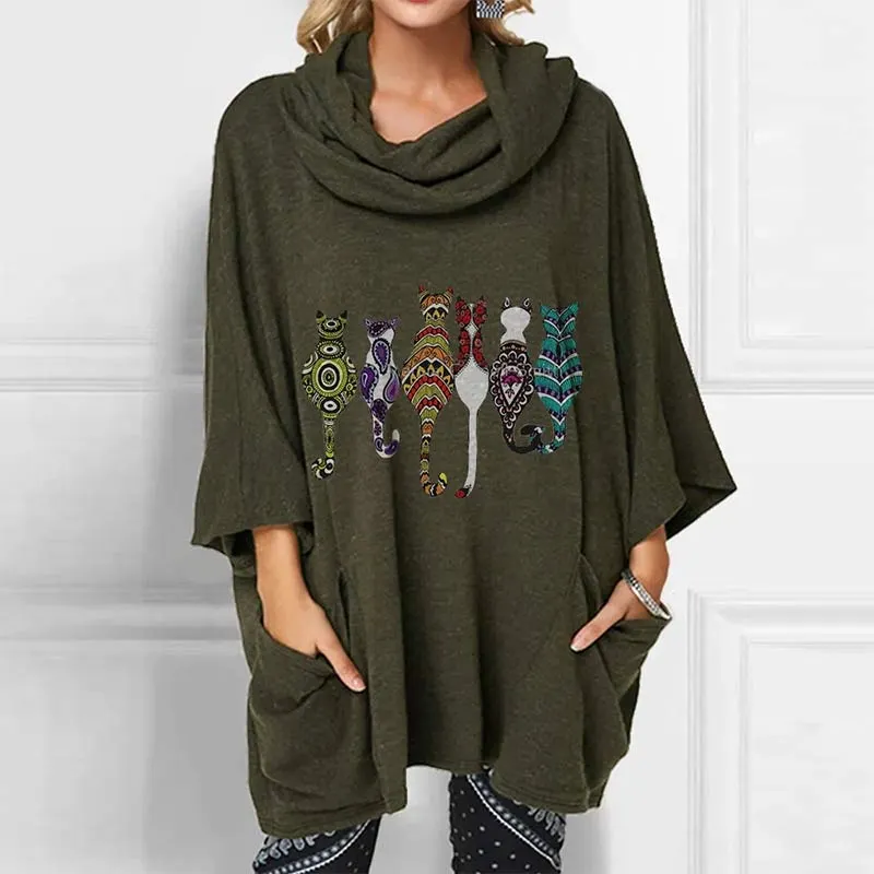 Cartoon Kitty Print Pocket Loose Shirt