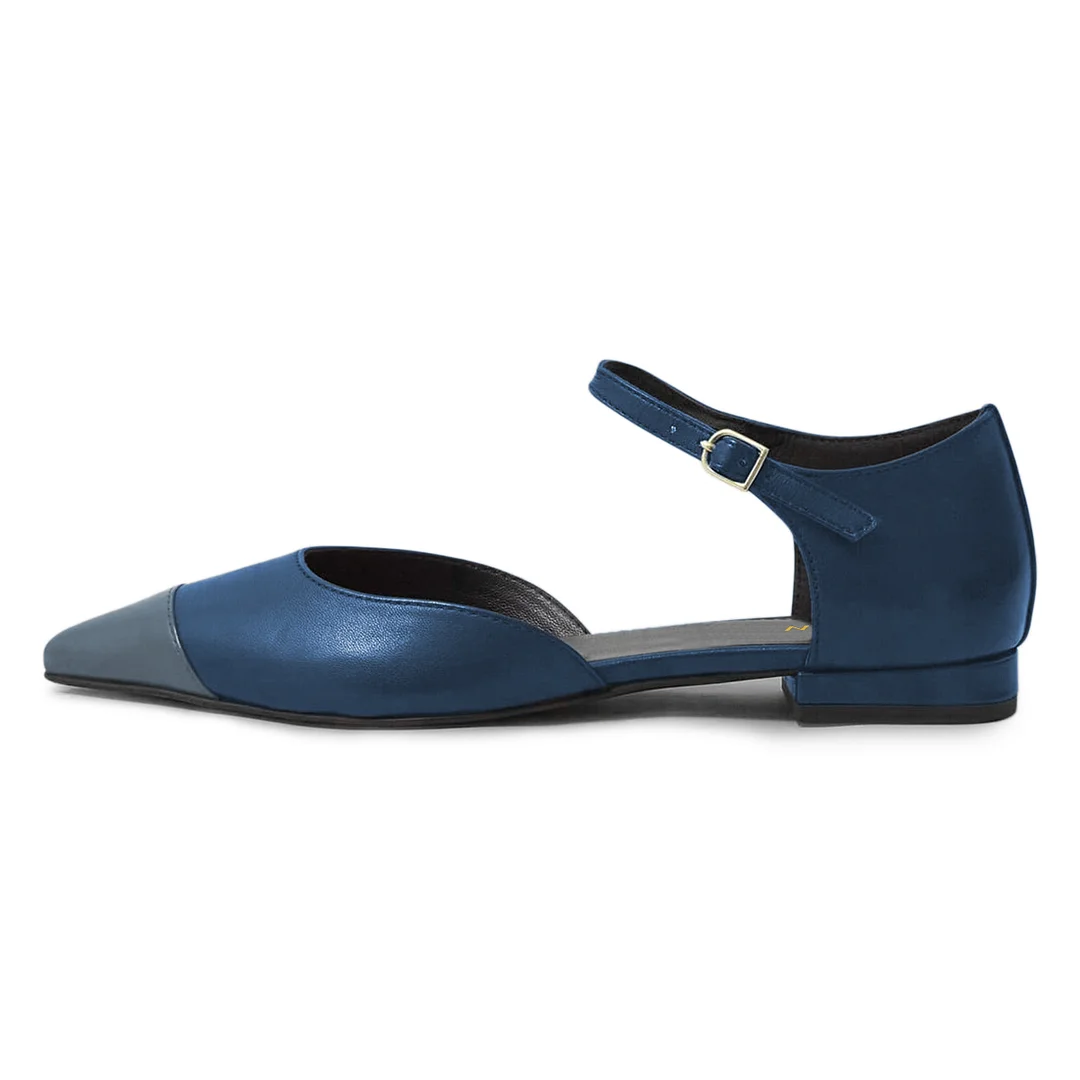Shiny Blue Vegan Leather Gray Pointed Toe Buckle Strap Flat Pumps